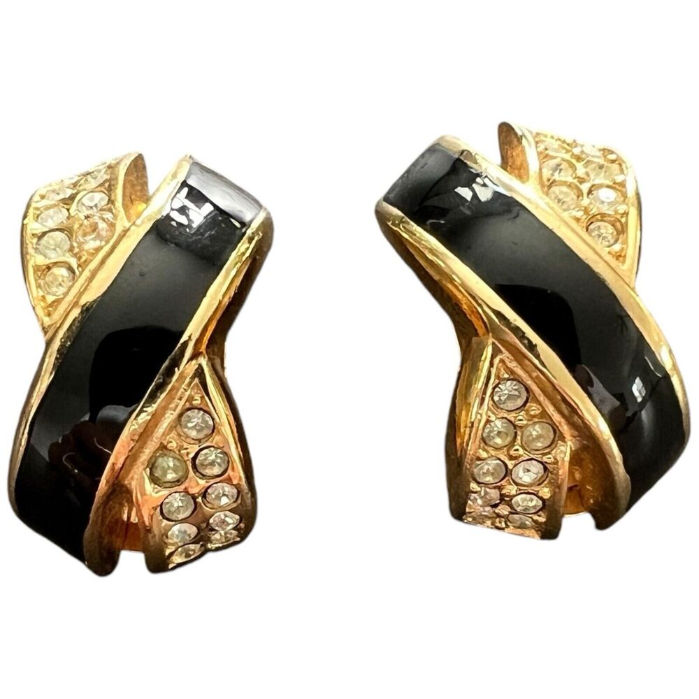 Christian Dior Earrings Gold Tone Black Enamel Crystal Rhinestone Clip On X